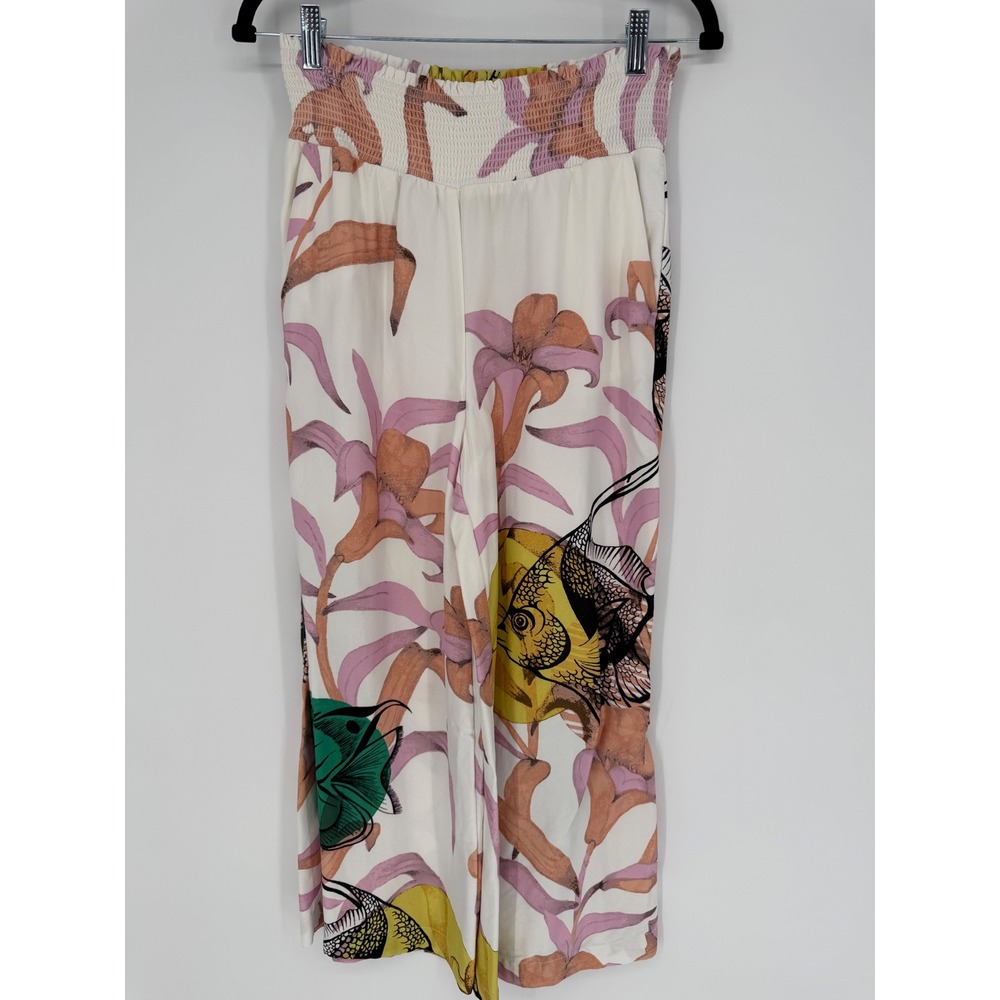 MAEVE PIA BINAZZI GRAPHIC FLORAL WIDE LEG PANTS CROPPED ANKLE XS ARTSY BOHO